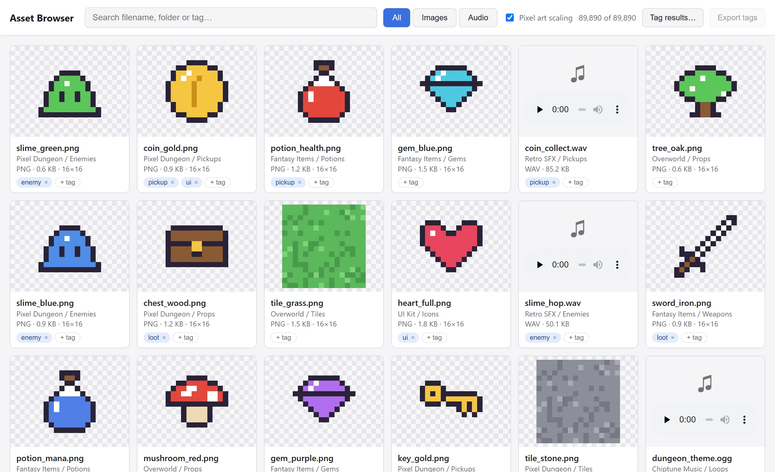 The asset browser: a searchable grid of pixel-art sprites, tiles and audio clips, with tags, filters, and a count of 89,890 assets